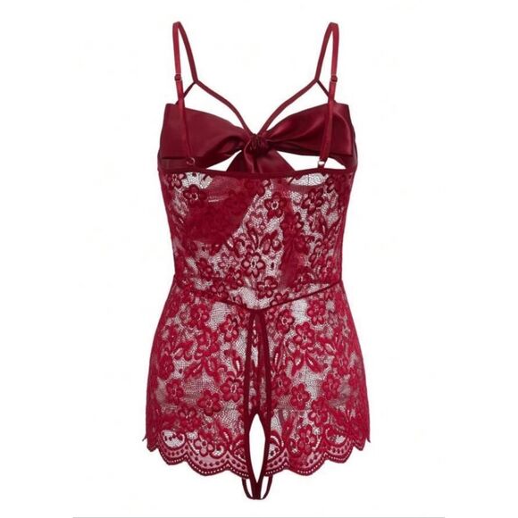Lingerie Medium red bow crotch less lace sexy bodysuit - Picture 2 of 8